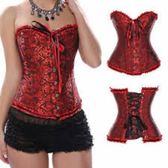 -443 Women's Red Floral Strapless Lace Up Corset Bustier Valentine’s - Medium‎ - Picture 1 of 8